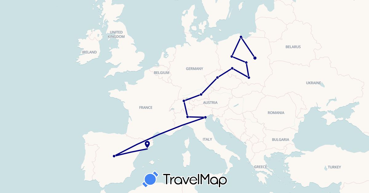 TravelMap itinerary: driving in Switzerland, Czech Republic, Germany, Spain, Italy, Poland (Europe)